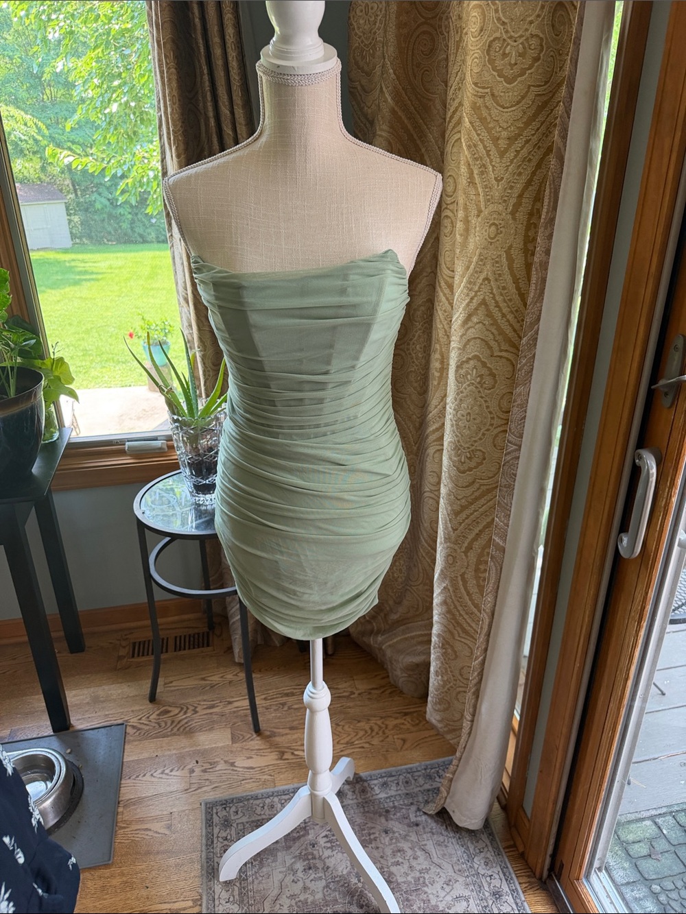 Tictoc Strapless Ruched Bodycon Dress in Sage Green. Homecoming wedding